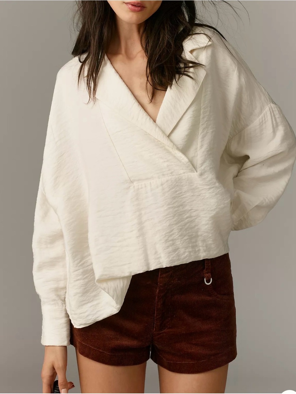 Anthropologie The Dylon Long Sleeve Wide Placket Top Cream Crinkle Blouse Medium